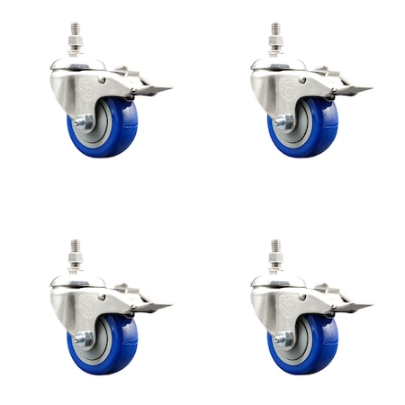 3 Inch 316SS Blue Polyurethane Wheel Swivel 12mm Stem Caster Set Lock Brake